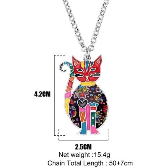 Floral Cat Necklace Enamel Kitten Pendant on Alloy Chain Jewelry for Cat Lovers - Picture 7 of 11